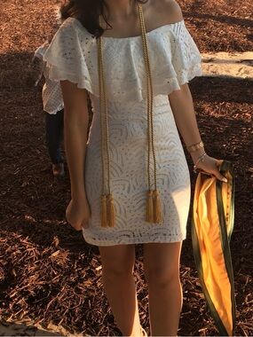 Sequin Hearts Cream Off-Shoulder Lace Mini Dress